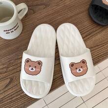 Preppy Flip Flops With Letter Print Cartoon Bear Pattern Slippers - White - View 3