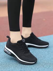 男士戶外跑鞋氣墊減震透氣網布休閒運動鞋繫帶旅遊鞋軟底運動跑鞋。 - 黑色 - 查看 3