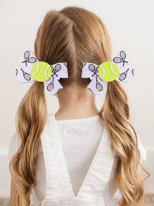 2 件/包 女孩綠色網球主題蝴蝶結髮夾 - 彩色 - 查看 2