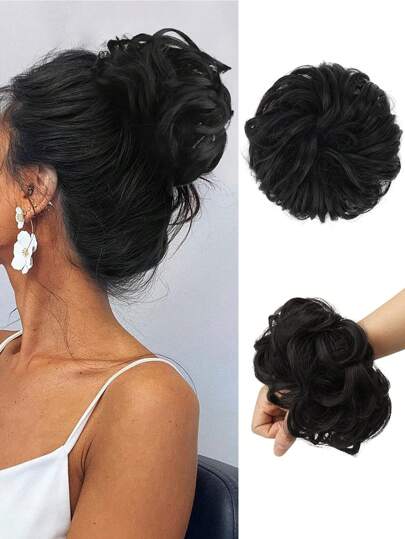 2oz Messy Bun Hair Piece, Natural Black Wavy Curly Big Bun Hair Scrunchie Extensions, Synthetic Fluffy Updo Hair Piece, For Women & Girls