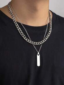 1pc Double Layered Geometric Oval Tag Pendant Men'S Fashion Necklace - Silver - View 7