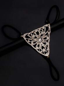 1pc Silver-Color Floral Design Rhinestone Black Lace Thong Body Chain For Beaches Or Sexy Looks - Gold - View 5
