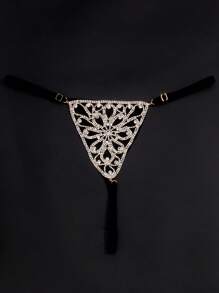 1pc Silver-Color Floral Design Rhinestone Black Lace Thong Body Chain For Beaches Or Sexy Looks - Gold - View 6
