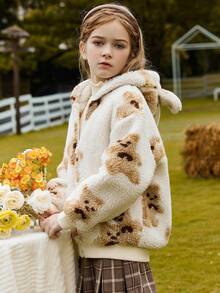 Tween Girls' Thickened Plush Casual Hooded Jacket With Bear Pattern For Warmth - Beige - View 3