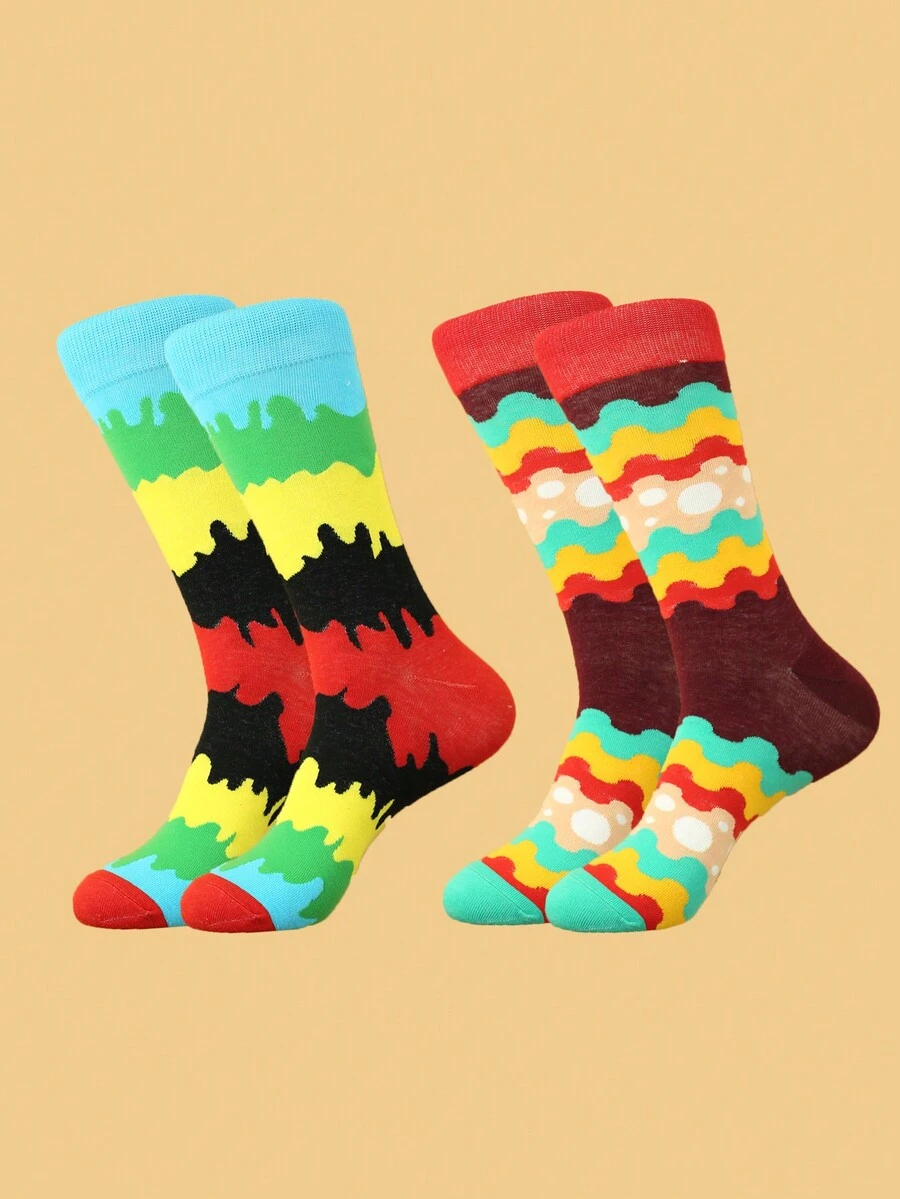 2雙男女通用的彩虹色積木中筒襪 - 彩色 - 查看 1