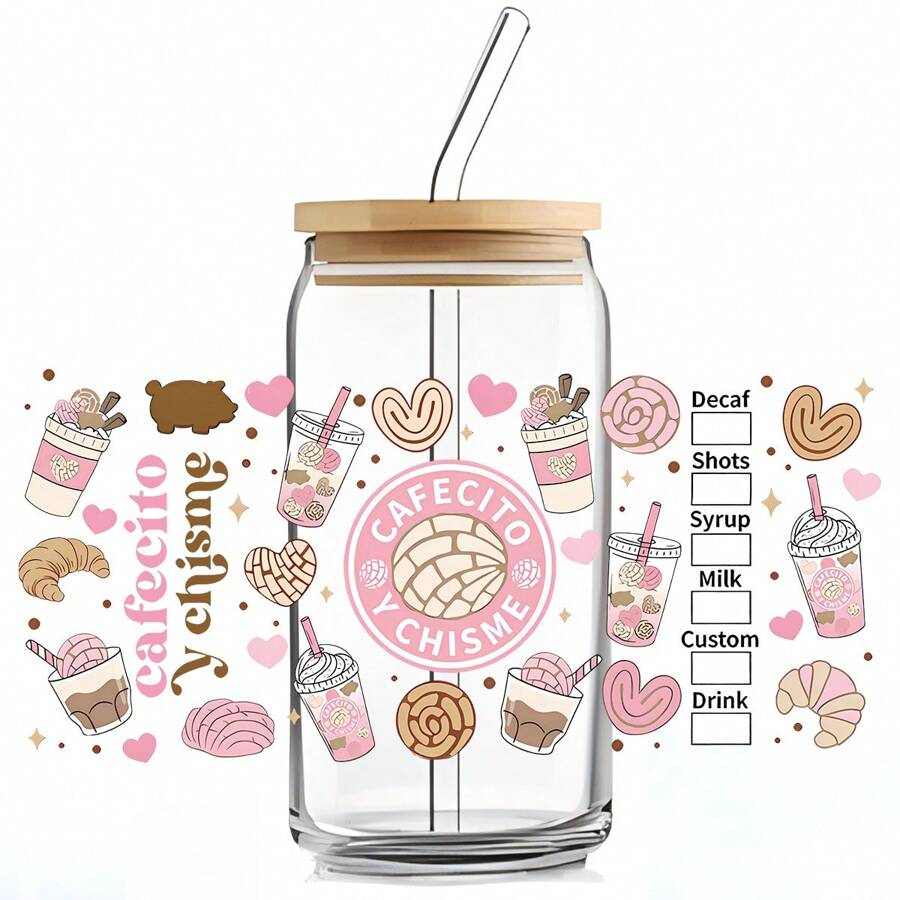 1pc Uv Dtf Transfer Coffee Tea Design Sticker Libbey Glass Cups Diy