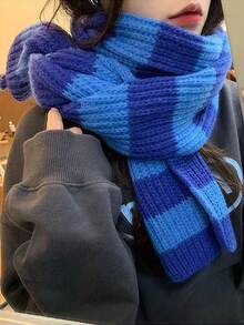 1條雙色聚酯纖維休閒時尚保暖針織圍巾,適用於男女冬季外出、旅行和購物 - 寶藍色 - 查看 2