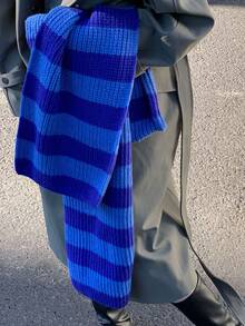 1條雙色聚酯纖維休閒時尚保暖針織圍巾,適用於男女冬季外出、旅行和購物 - 寶藍色 - 查看 3