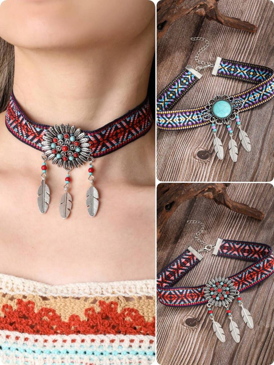 1 Miếng Bohemian Vintage Phong cách Nhiều màu Dệt Chất vải & Màu ngọc lam Đá & Kim loại Lá cây & Hình học Dây chuyền Đối với Của phụ nữ Giải trí Mặc hàng ngày - Đầy màu sắc - Xem 1