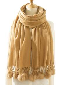 女士駝色厚款仿卡仕米爾暖和時尚圍巾和披肩,配有毛球,適合秋冬日常穿著保暖、旅行和街頭攝影 - 駝色 - 查看 3