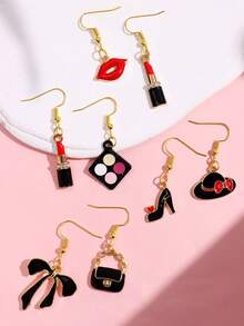 1對不對稱金屬口紅唇形狀、粉盒、手提包、鞋形創意掛墜耳環,女性情人節禮物 - 黑色 - 查看 3