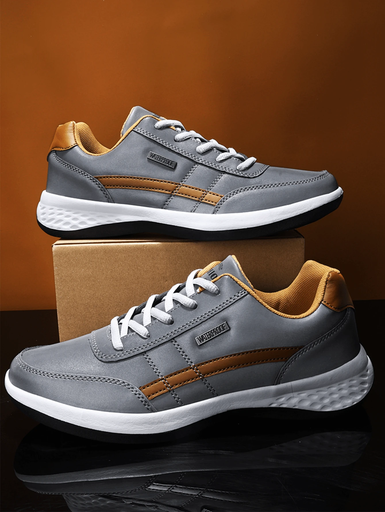 2024 新款青年跑鞋，混合皮革鞋面，时尚纯色，平底简约滑板风格，适合上学、户外、休闲、通勤、散步、网球运动鞋，适合男士 - 灰色 - 查看 1