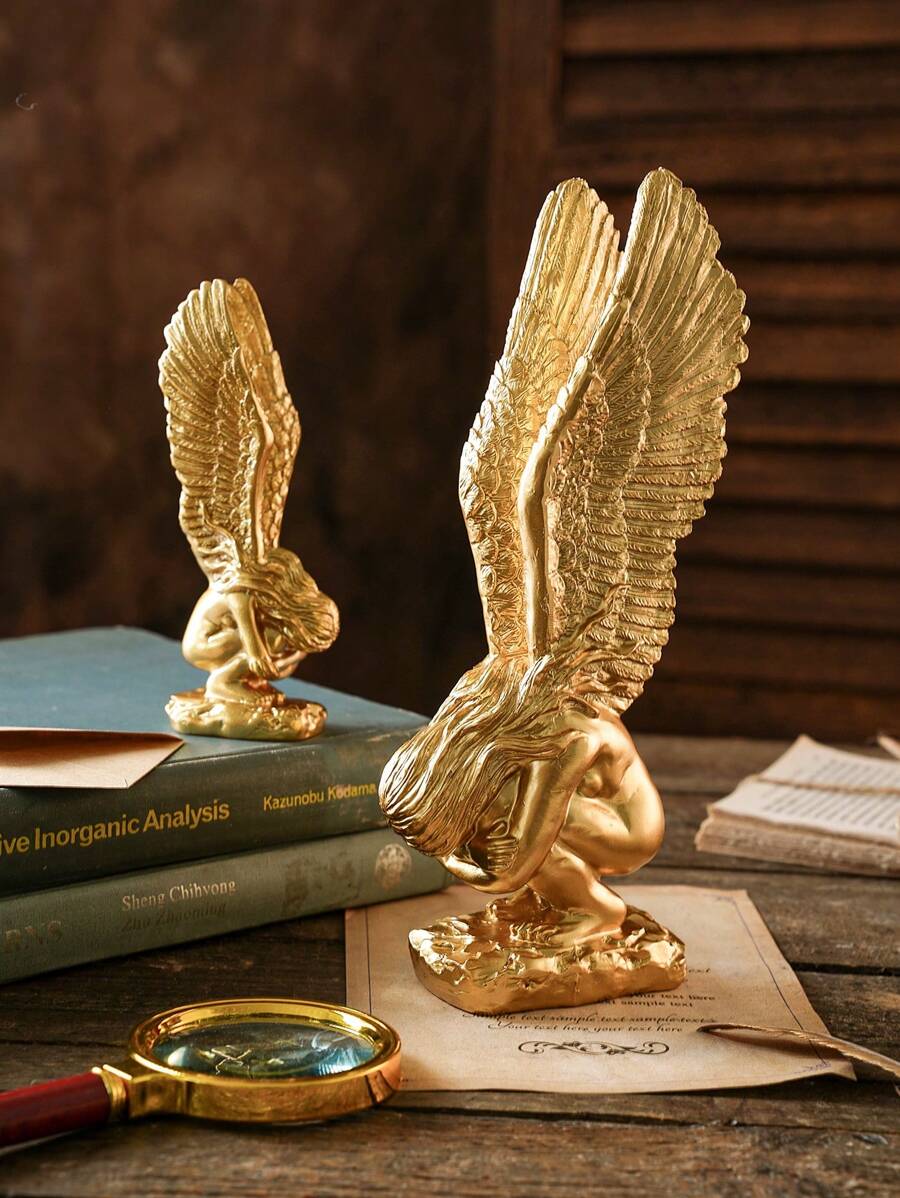 1 件金色跪姿天使树脂桌面装饰雕塑，手工制作的救赎天使雕像，适合电视背景、玄关、书房、办公桌的最佳礼物 - 金色 - 查看 1