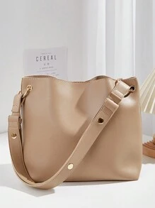 2件裝韓國版簡約大氣母包時尚可調式肩帶金屬環裝飾通勤上學母包旅行手提包單肩包水桶包大方包女包 - 卡其色 - 查看 4