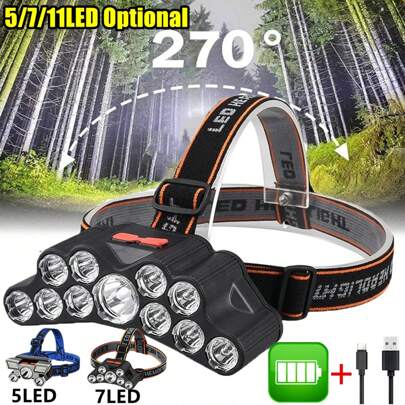 Linterna frontal de 5LED/9LED/11LED, linterna frontal brillante, linterna frontal recargable por USB con batería incorporada, linterna para pesca, linterna para exteriores, linterna frontal recargable potente, linterna frontal LED para pesca, linterna frontal para camping Nitecore, linterna para caza, linterna frontal para senderismo