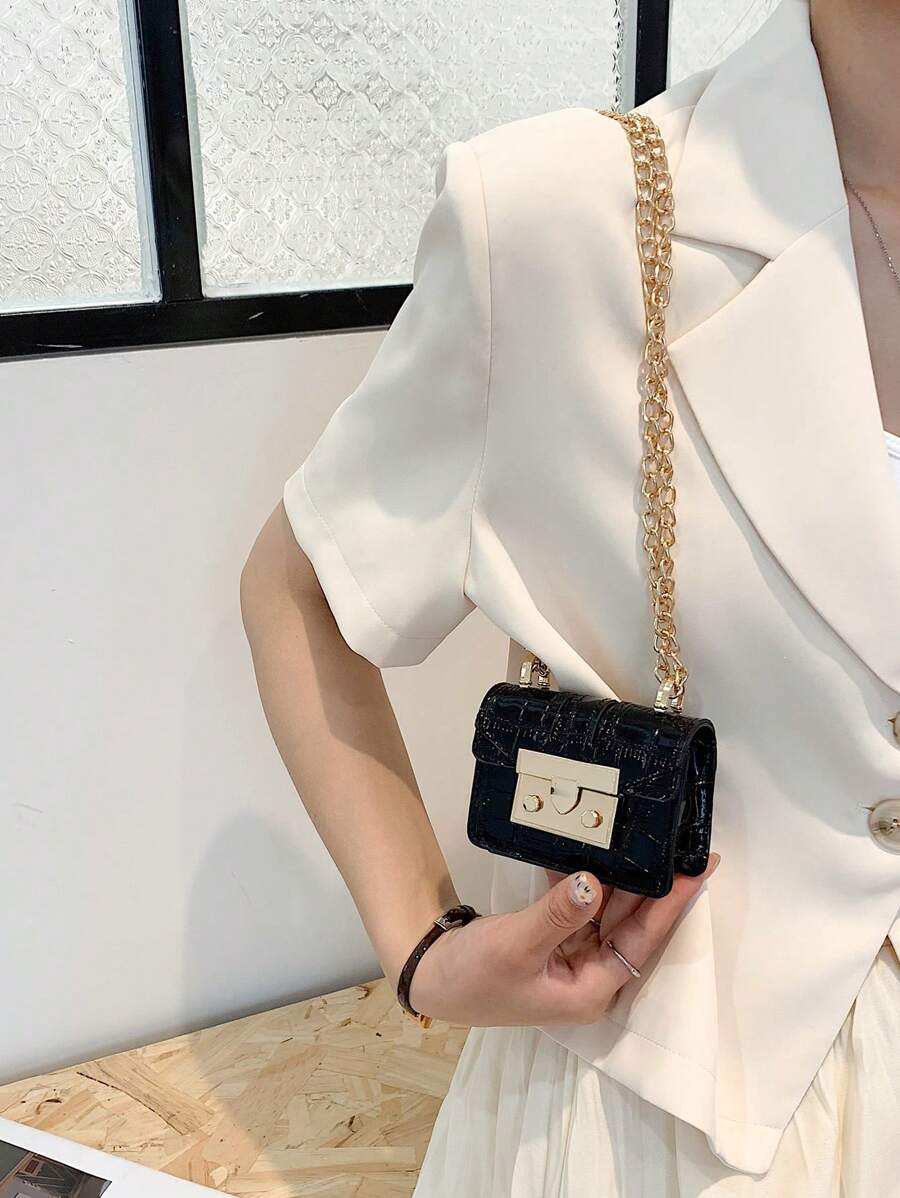 Bolso De Hombro Y Bandolera Minimalista Con Correa De Cadena Mini Y Patrón De Cocodrilo - Negro - Ver 1