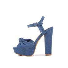 Women's Pleated Bow Knot Platform Heeled Sandals Open Toe Chunky Block Heel Ankle Buckle Strap Bridal Wedding Dress Shoes - Màu xanh lam - Xem 3