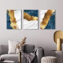 3 件藍色抽象藝術金箔帆布畫輕奢牆藝術海報印刷北歐藝術家居裝飾畫適合客廳、客廳、兒童房裝飾裝飾無框 - 軍綠色 - 查看 1