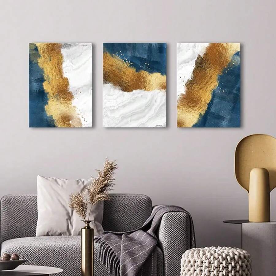 3 件藍色抽象藝術金箔帆布畫輕奢牆藝術海報印刷北歐藝術家居裝飾畫適合客廳、客廳、兒童房裝飾裝飾無框 - 軍綠色 - 查看 1