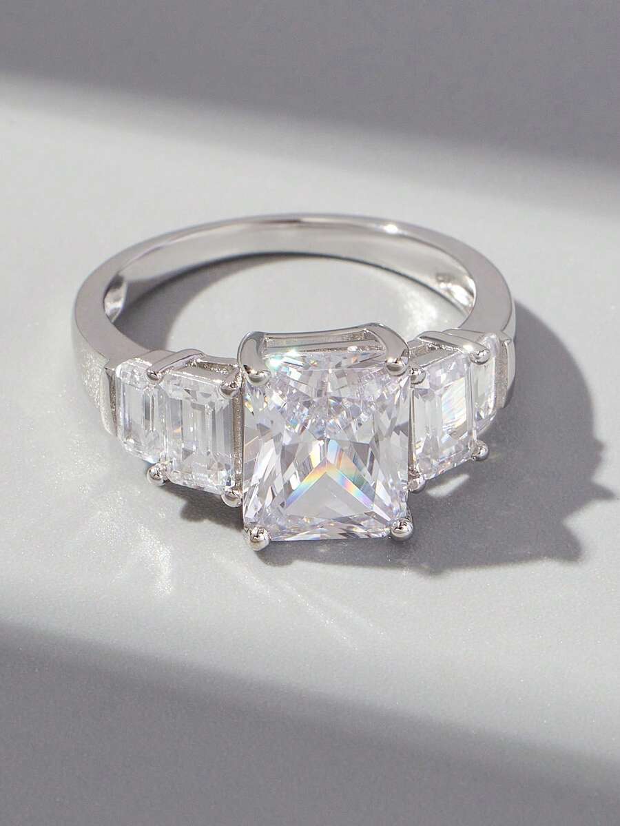 Nhẫn cưới bằng bạc trang trí bằng đá khối Zirconia - Bạc - Xem 1