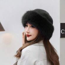 女士冬季帽子，加厚保暖漏斗帽，仿貂毛蓬鬆蒙古帽，時尚簡約 - 黑色 - 查看 3