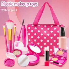 11 st./set Simulatie Model Make-up Speelgoed set Voor meisjes , Met Nep Make-up ( Zonder Kleurstof Of Poeder ) , Inclusief lippen , 3 Make-up borstels , Blush , Tweekleurig Oog make-up , Glitter , , Lotion Fles , Mascara , En A Handtas ; Geschikt Voor Aankleed , Doe alsof En Speel , Verjaardagscadeaus