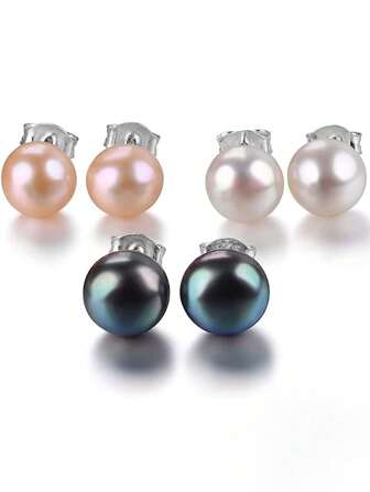 3 par 7-8 mm naturliga sötvattenspärlörhängen i vit, rosa och svart färg, present till vänner