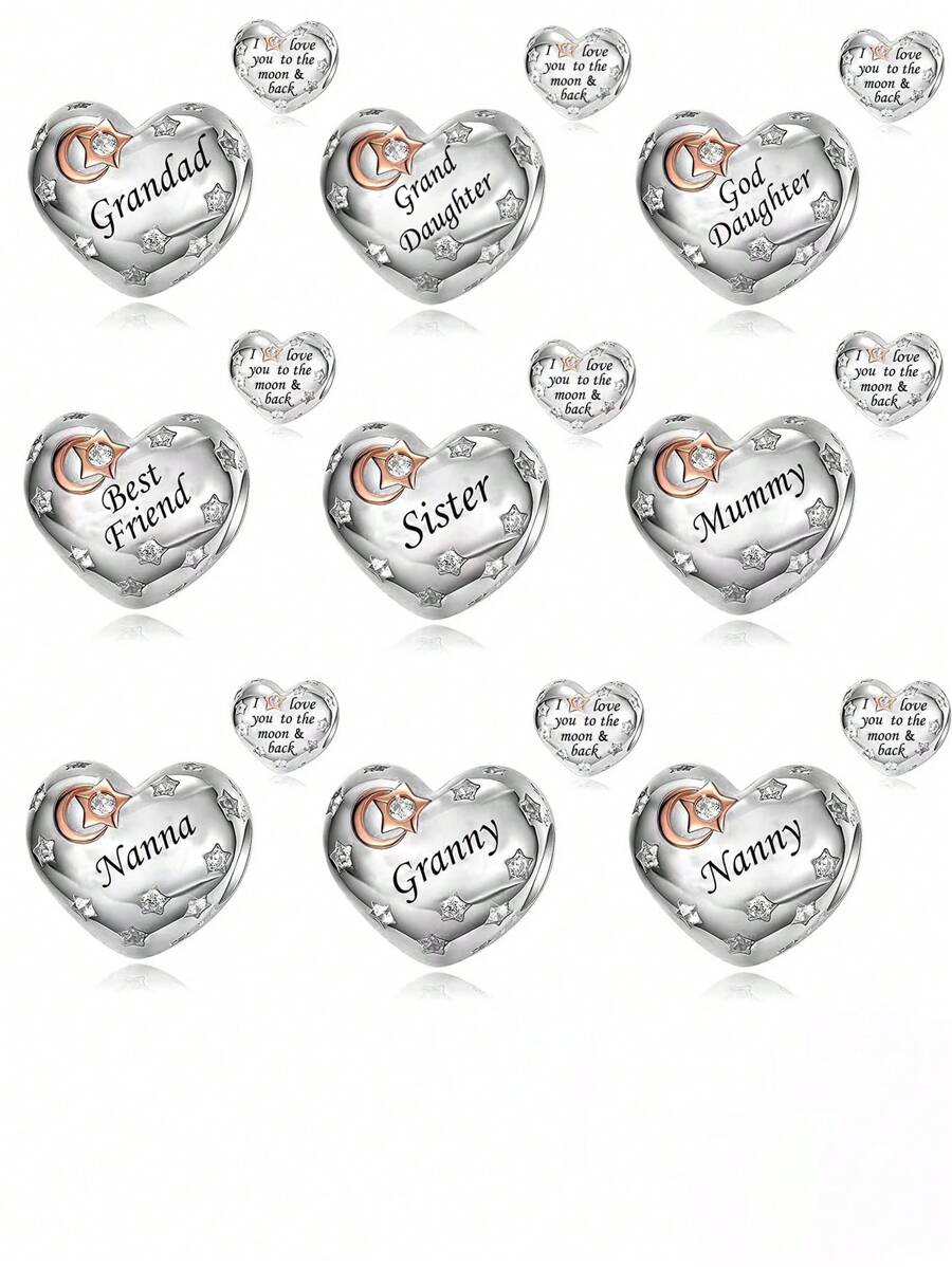 HuooNew 1pc Exquisite 925 Sterling Silver "I Love You To The Moon And Back" Heart Shaped Beaded Charm, Suitable For Family, Party & Gift - Silver - View 1