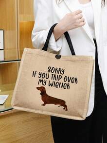 萌犬卡通圖案流行腰短狗亞麻手提袋,可愛動物手提購物袋,可愛貓圖案亞麻手提袋,靈感來自寵物之愛,亞麻手提袋,女士亞麻手提袋,麻袋,休閒禮品袋,時尚購物袋,亞麻手袋,有色圖案禮品袋,時尚多用途購物袋,簡單麻布手提袋,可重複使用的雜貨購物袋,節日彩色禮品袋 - 卡其色 - 查看 3