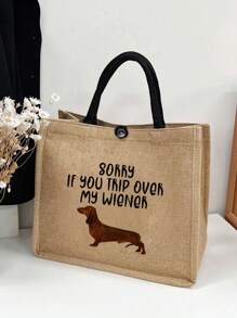 萌犬卡通圖案流行腰短狗亞麻手提袋,可愛動物手提購物袋,可愛貓圖案亞麻手提袋,靈感來自寵物之愛,亞麻手提袋,女士亞麻手提袋,麻袋,休閒禮品袋,時尚購物袋,亞麻手袋,有色圖案禮品袋,時尚多用途購物袋,簡單麻布手提袋,可重複使用的雜貨購物袋,節日彩色禮品袋 - 卡其色 - 查看 1