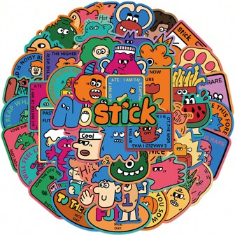 50张卡通趣味涂鸦贴纸，适用于行李箱、水瓶、摩托车、笔记本电脑、头盔、滑板等。