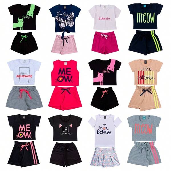Kit 12 Peças de Roupas Infantil Menina SORTIDO - 6 Blusas + 6 Shorts - Promoção - Kit 6 Conjuntos Menina Infantil Barato - 2 ao 14