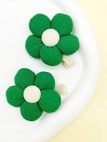 1對綠色花朵髮夾,可愛側夾適用於日常使用 - 綠色 - 查看 2