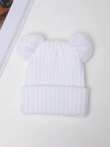 1頂白色兒童保暖冬帽,折疊袖口,厚實條紋圖案和雙毛球針織帽,適用於男女孩 - 白色 - 查看 1