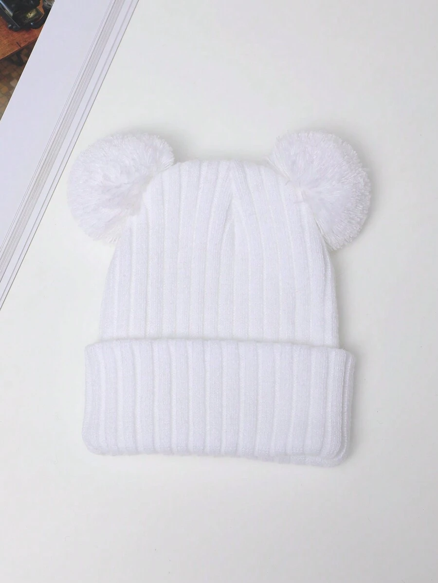 1頂白色兒童保暖冬帽,折疊袖口,厚實條紋圖案和雙毛球針織帽,適用於男女孩 - 白色 - 查看 1