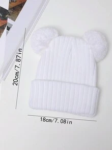 1頂白色兒童保暖冬帽,折疊袖口,厚實條紋圖案和雙毛球針織帽,適用於男女孩 - 白色 - 查看 3