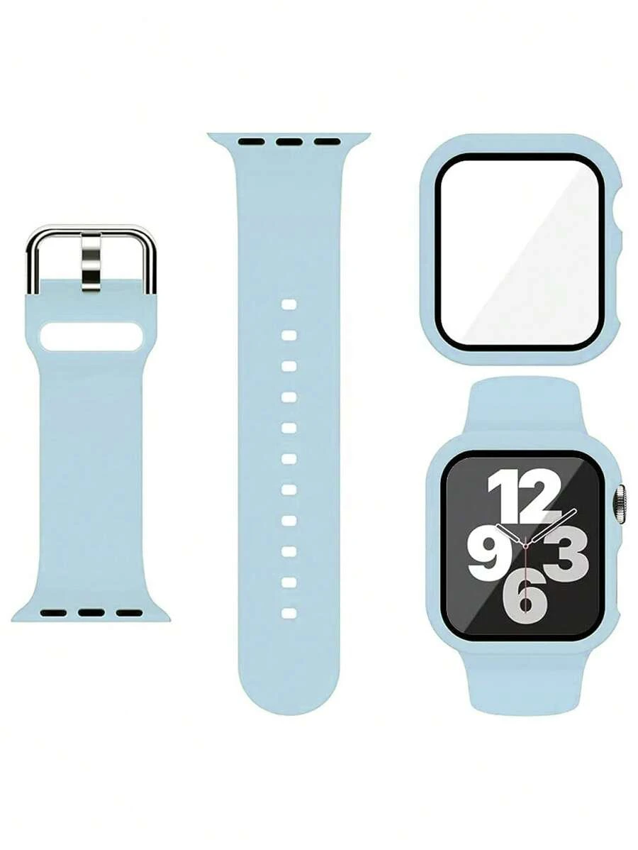 2 件/套蓝色男女款可爱柔软硅胶运动表带和二合一屏幕保护膜超薄钢化膜表壳，适用于 表带 38/40/41/42/44/45/46/49 毫米，Series Ultra/SE/11/10/9/8/7/6/5/4/3/2/1，智能手表表壳配件