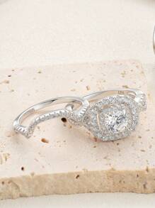 AIHUASI Luxury 2pcs/Set Certified 925 Sterling Silver With Rhodium Plated Hypoallergenic Wedding Rings Set For Women Center Stone 6*6mm 0.8 Carat Round Cut Dazzling AAAAA Cubic Zirconia Fantasy Bridal Jewelry Gift - Silver - View 4