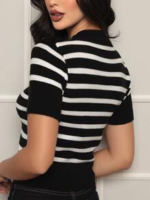 Women Knit Tops - 黑與白 - 查看 4
