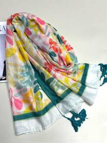 1條簡約印花女士新款圍巾,春夏防曬沙灘披巾,時尚頭巾,披巾和圍巾 - 白色 - 查看 2