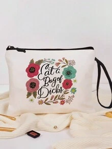 花卉字母印花化妝包,收納袋,聖誕化妝收納袋,化妝包,手拿包,輕便可折疊收納袋,適用於個人旅行化妝品收納,送給朋友,老師,情人,生日禮物 - 米色 - 查看 2