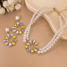 1-3件法式清新简约仿珍珠花项链耳环配饰水晶雏菊花串珠锁骨链适合春季出游服饰配饰 - 套裝 - 查看 11