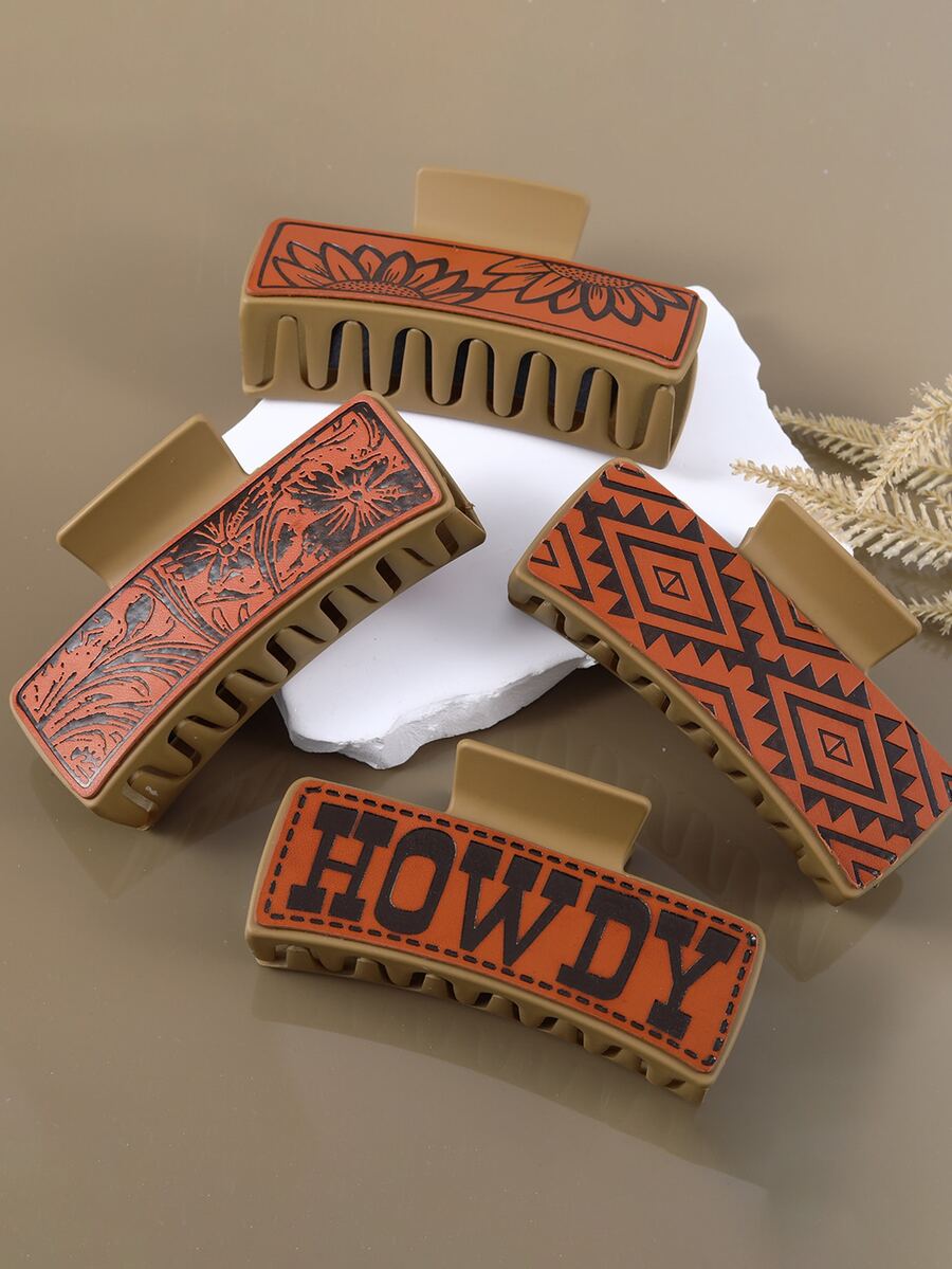 4 件套西式皮革印花发夹，采用亚克力、格子和字母图案，非常适合日常佩戴，是送给朋友、闺蜜或女朋友的绝妙礼物 - 棕色 - 查看 1