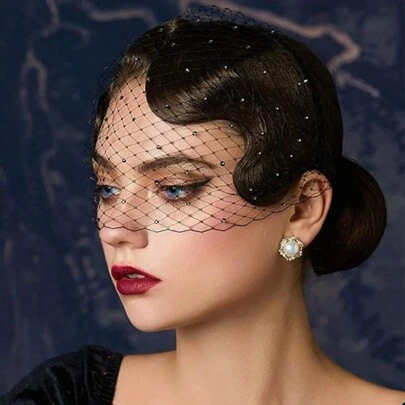 1pc Vintage Mesh Pearl Rhinestone Bridal Veil Headband, Wedding, Party, Halloween, Christmas, Accessory For Black Dress