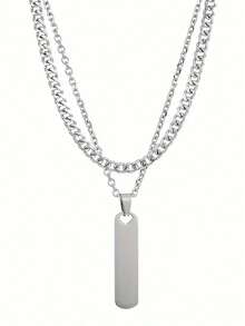 1pc Double Layered Geometric Oval Tag Pendant Men'S Fashion Necklace - Silver - View 4