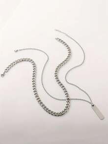 1pc Double Layered Geometric Oval Tag Pendant Men'S Fashion Necklace - Silver - View 5