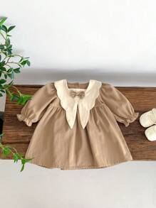 Baby Girl Vintage Academy Style Princess Dress With Willow Leaf Bowknot, Spring And Autumn Back To School Season