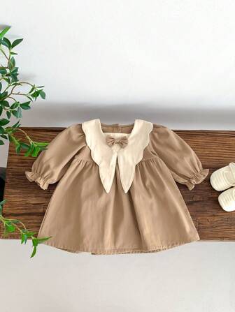 Baby Girl Vintage Academy Style Princess Dress With Willow Leaf Bowknot, Spring And Autumn Back To School Season