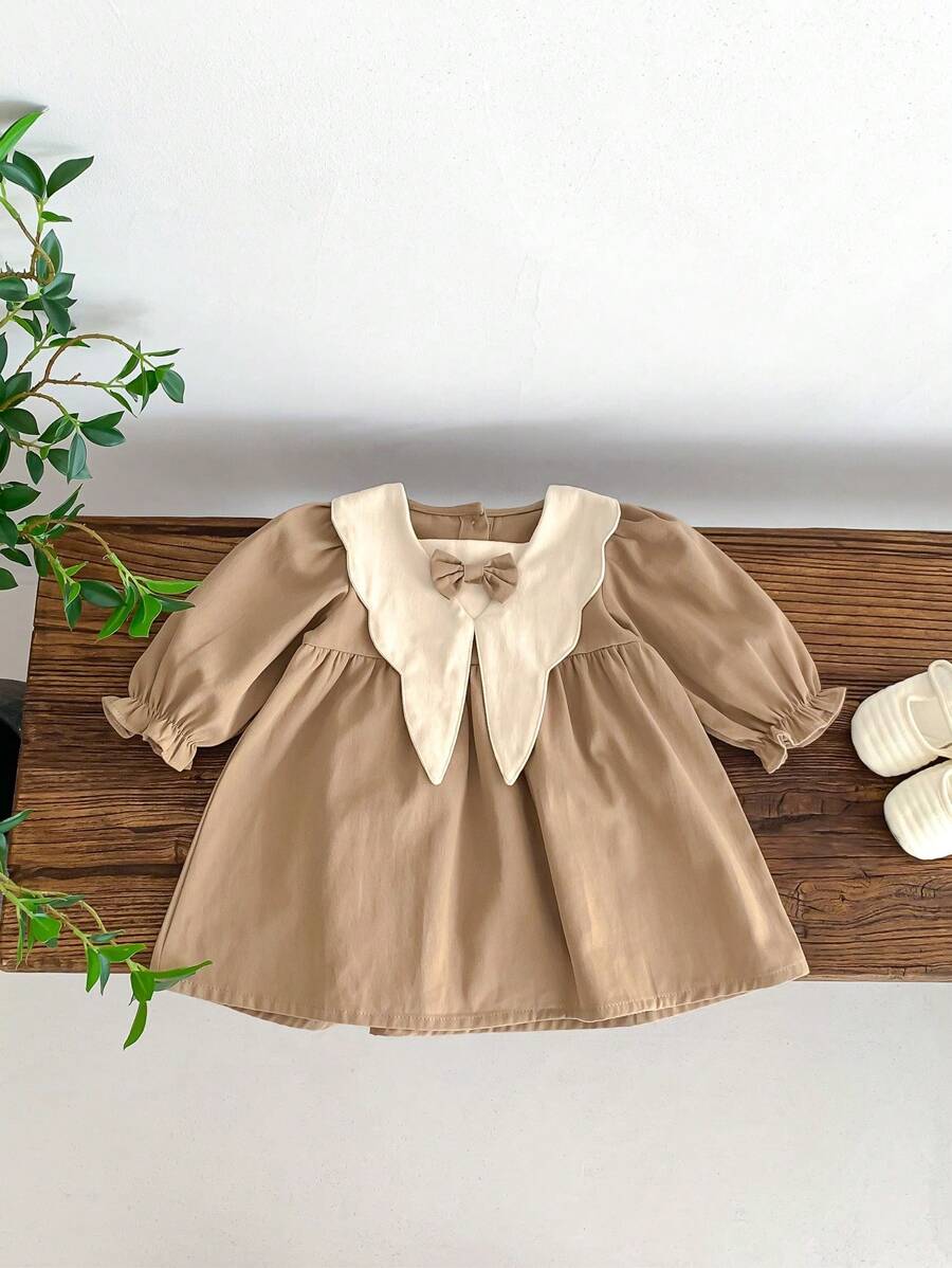 Baby Girl Vintage Academy Style Princess Dress With Willow Leaf Bowknot, Spring And Autumn Back To School Season