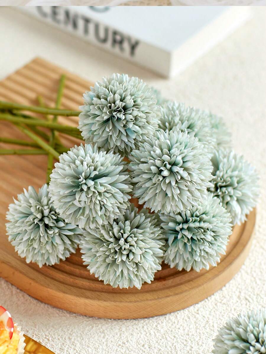 8/16 piezas Flores artificiales de crisantemo en forma de bola, diente de león, hortensia, arreglo de ramo, regalo para amigos, ramo de novia, decoración para el hogar, oficina, cafetería, fiesta, boda - Verde - Ver 1